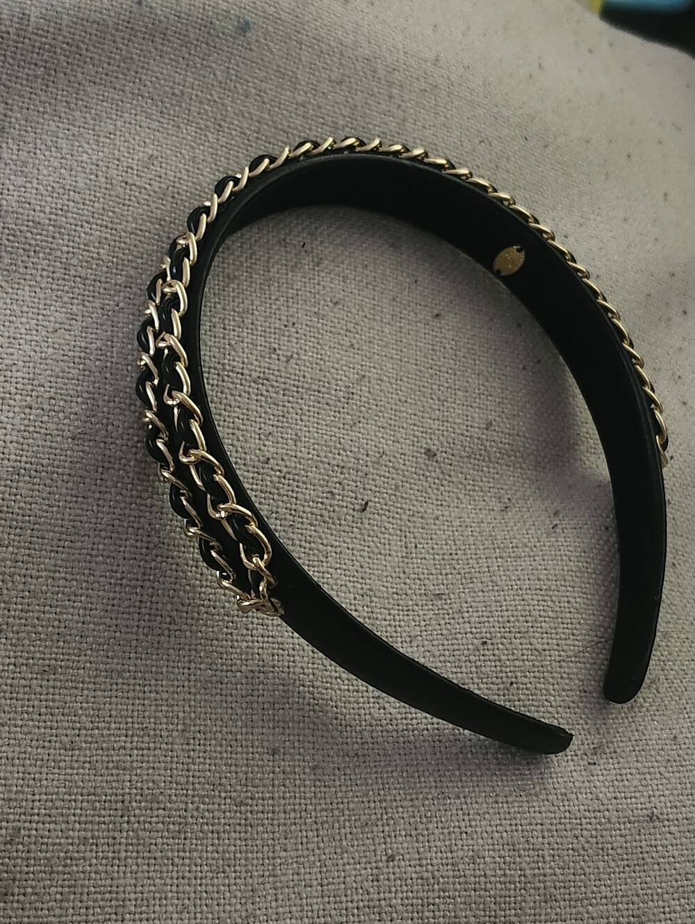 Vintage CHANEL Black Headband with Gold Chain Detail